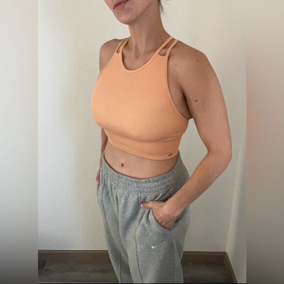 Gilly Hicks Strappy High Neck Sports Bra Peach Medium Ribbed - Picture 1 of 10